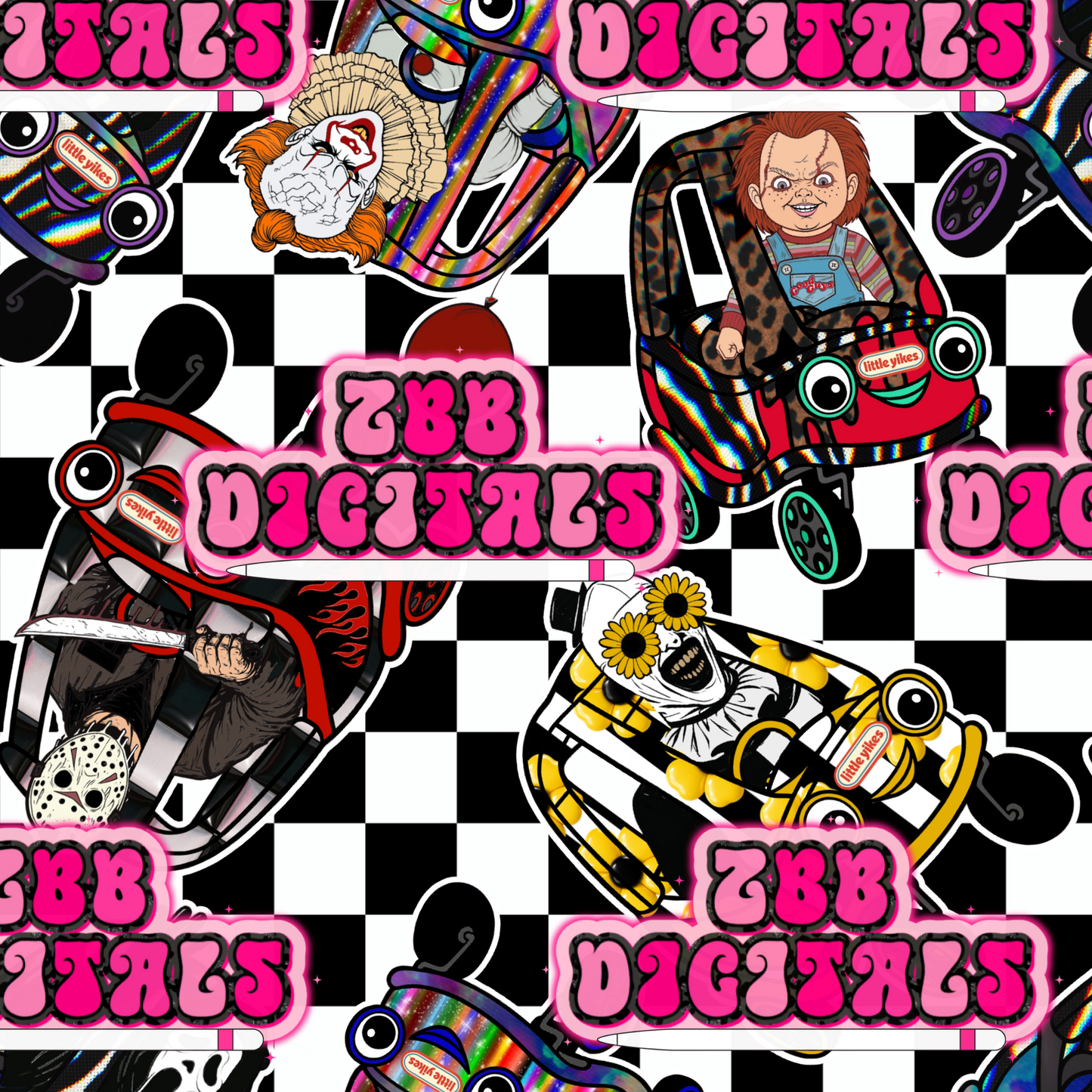 Horror Little Cars Checkered Seamless